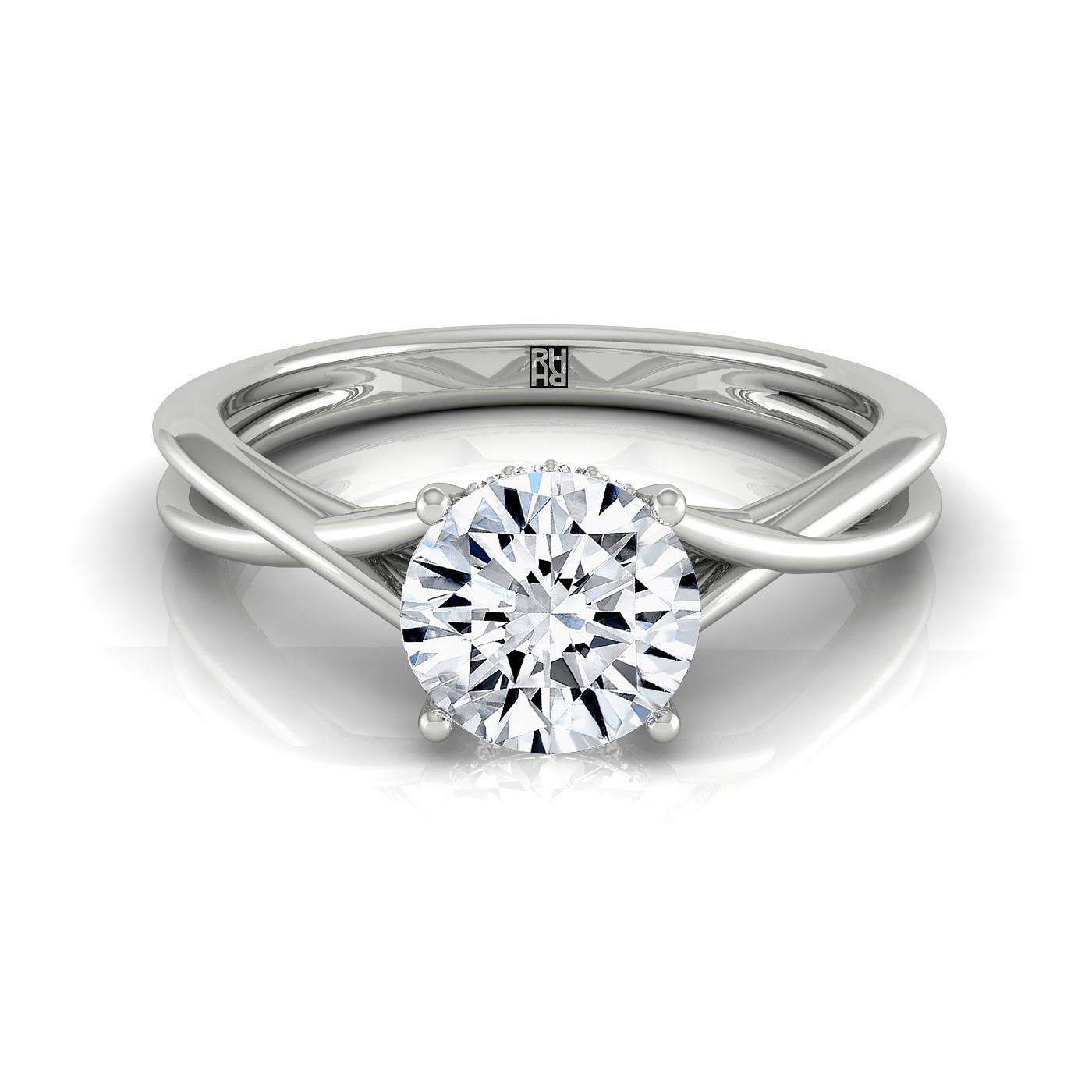 18kw Round Twisted Shank Double Hidden Halo Solitaire Engagement Ring With 28 Prong Set Round Diamonds
