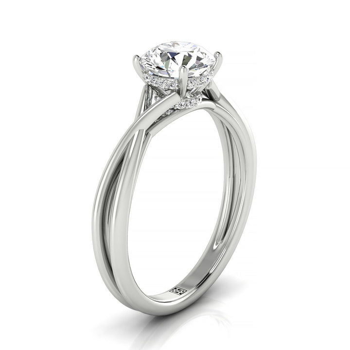 18kw Round Twisted Shank Double Hidden Halo Solitaire Engagement Ring With 28 Prong Set Round Diamonds
