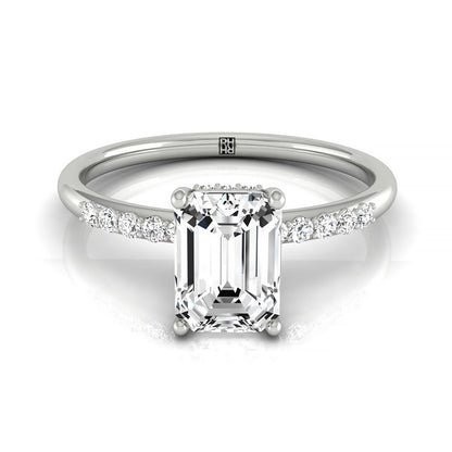 Emerald Cut, Double Hidden Halo Solitaire Emerald, in 18K White Gold – front view | RockHer