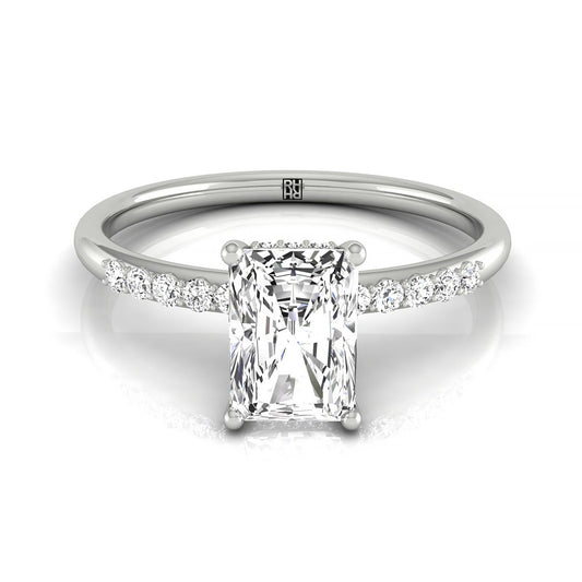 18k White Radiant Double Hidden Halo Quarter Shank Engagement Ring - 1/25ctw