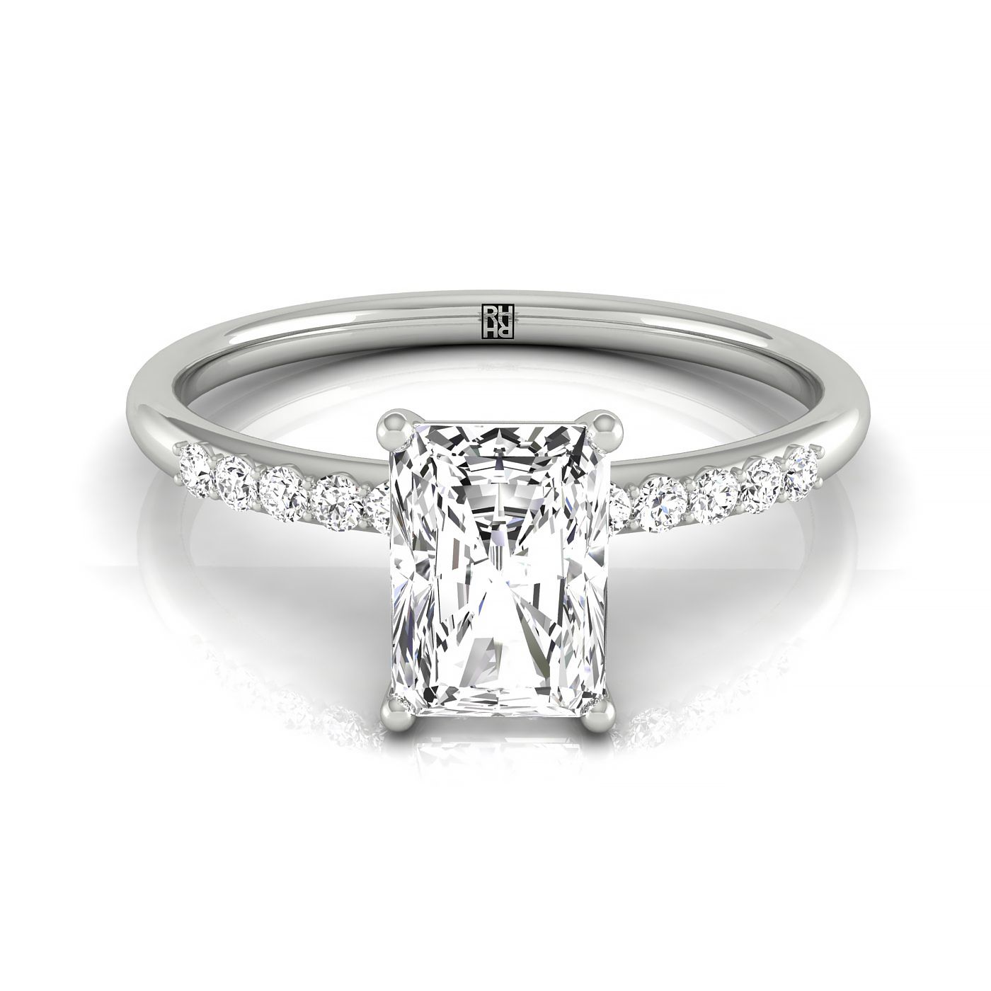 18kw Radiant Hidden Halo Quarter Shank Engagement Ring With 18 Prong Set Round Diamonds