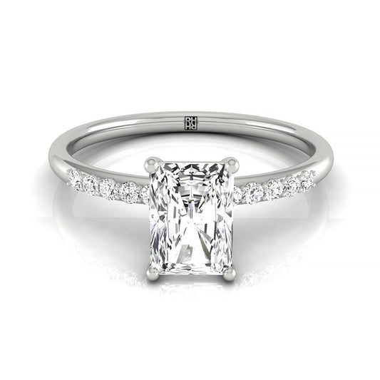 14kw Radiant Hidden Halo Quarter Shank Engagement Ring With 18 Prong Set Round Diamonds