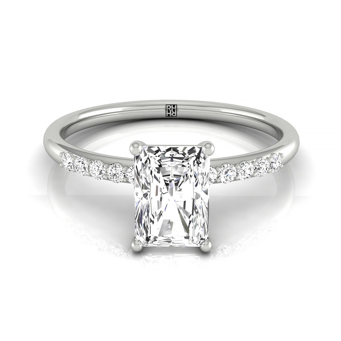 Plat Radiant Hidden Halo Quarter Shank Engagement Ring With 18 Prong Set Round Diamonds