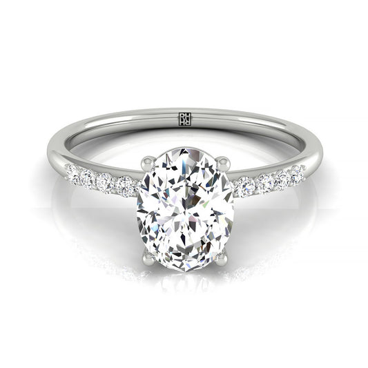 18kw Oval Hidden Halo Quarter Shank Engagement Ring With 18 Prong Set Round Diamonds