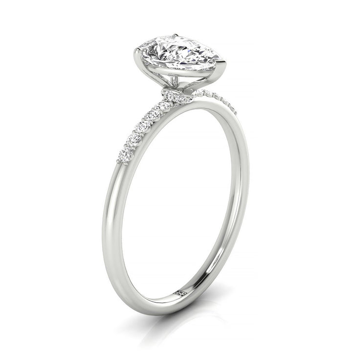 18kw Pear Hidden Halo Quarter Shank Engagement Ring With 18 Prong Set Round Diamonds