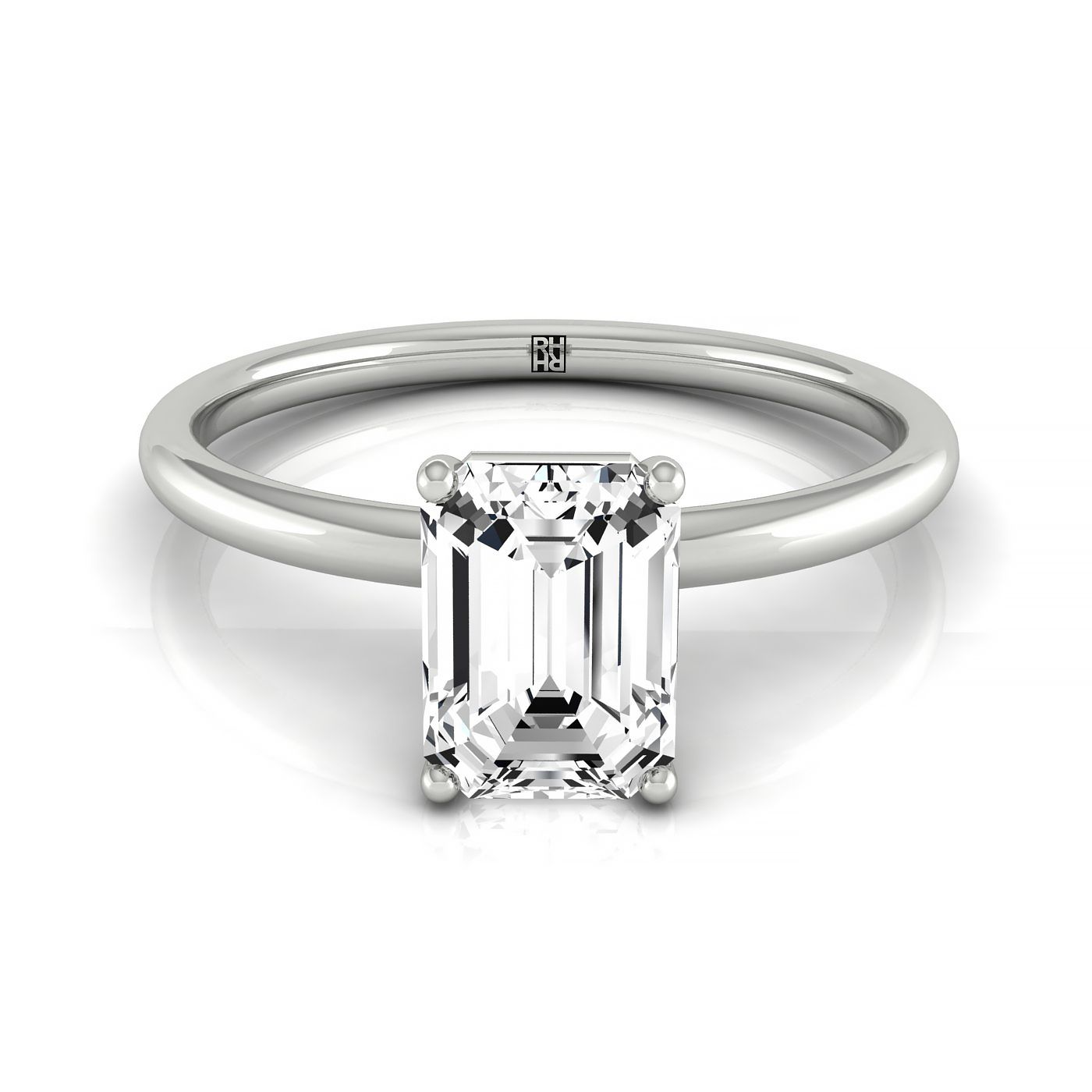 14kw Emerald Solitaire Engagement Ring With Hidden Halo With 8 Prong Set Round Diamonds