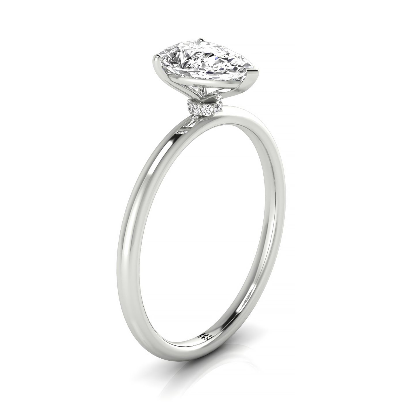 18kw Pear Solitaire Engagement Ring With Hidden Halo With 8 Prong Set Round Diamonds