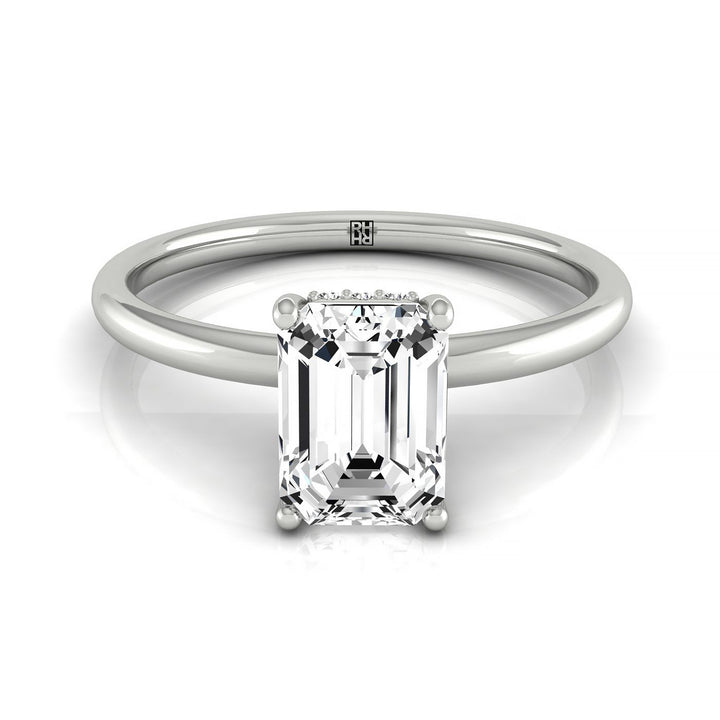 Emerald Cut, Upper Hidden Halo Solitaire Emerald, in 18K White Gold – front view | RockHer