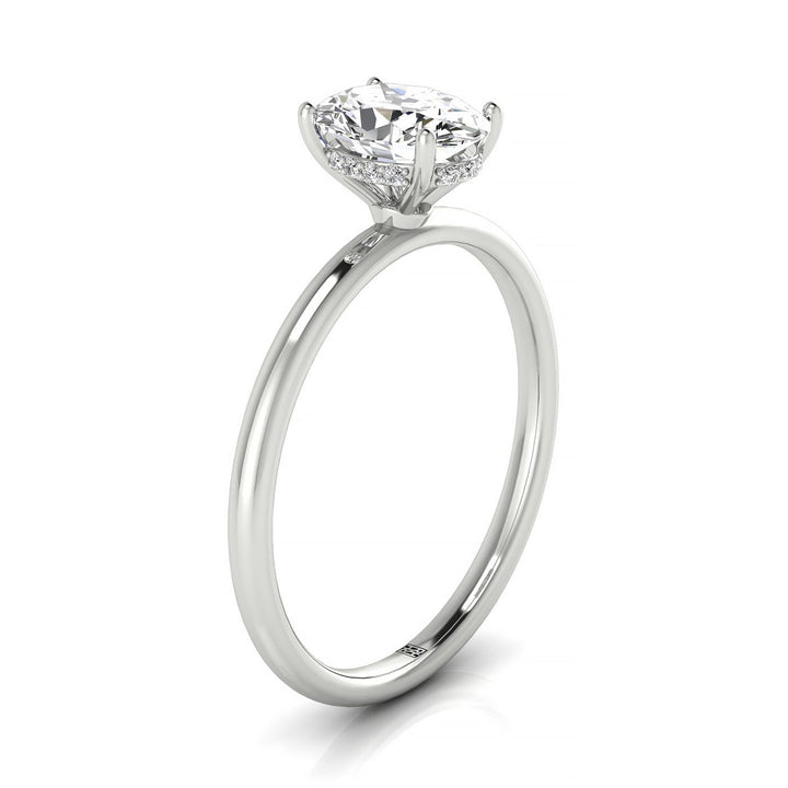 18kw Oval Solitaire Engagement Ring With Upper Hidden Halo With 16 Prong Set Round Diamonds