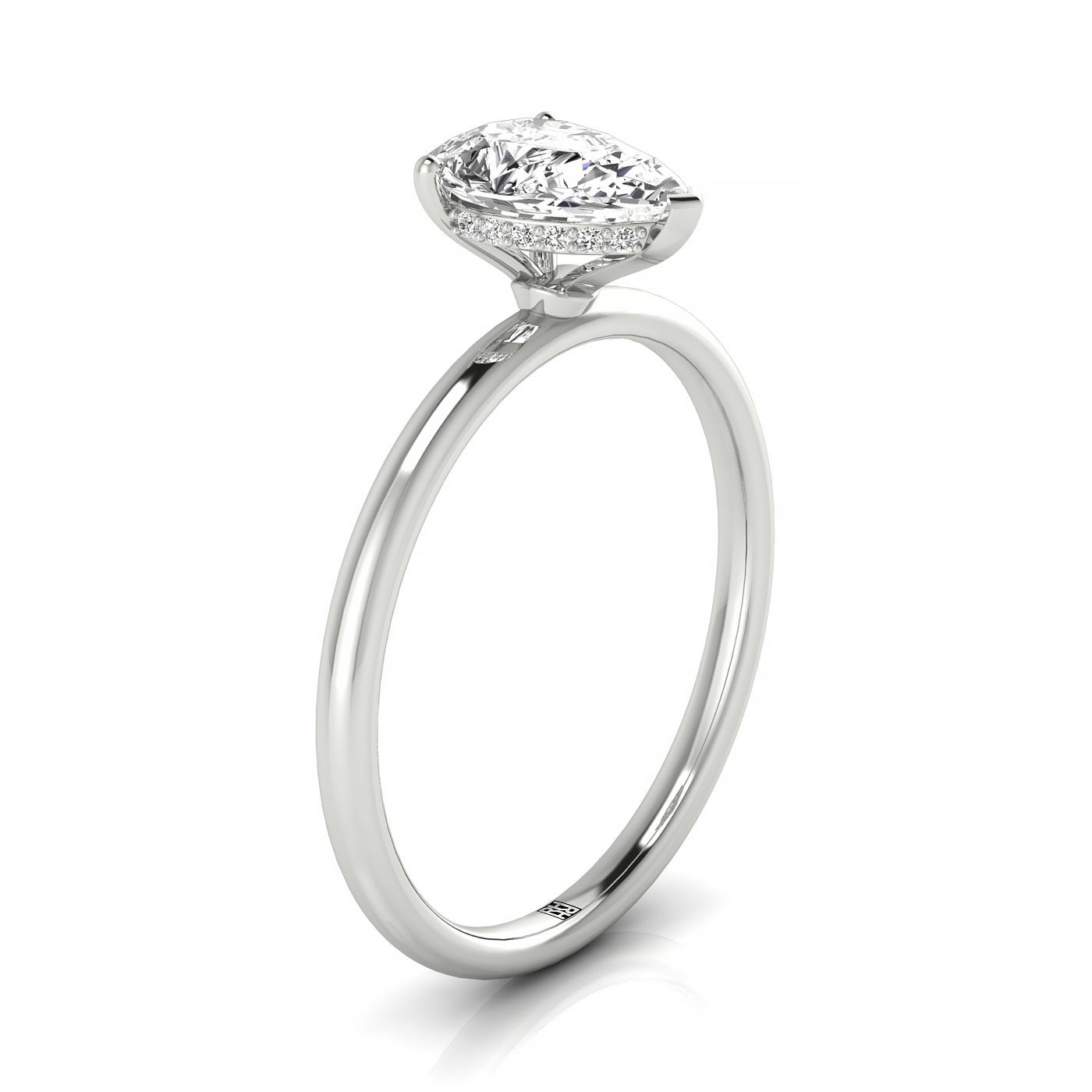 18kw Pear Solitaire Engagement Ring With Upper Hidden Halo With 16 Prong Set Round Diamonds