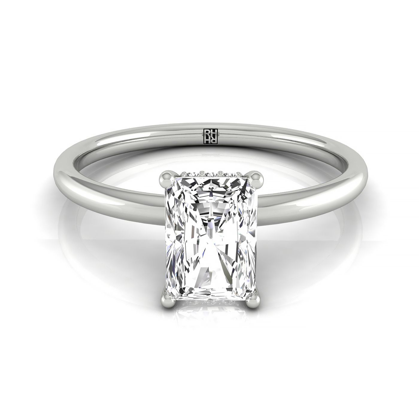 18kw Radiant Solitaire Engagement Ring With Upper Hidden Halo With 16 Prong Set Round Diamonds