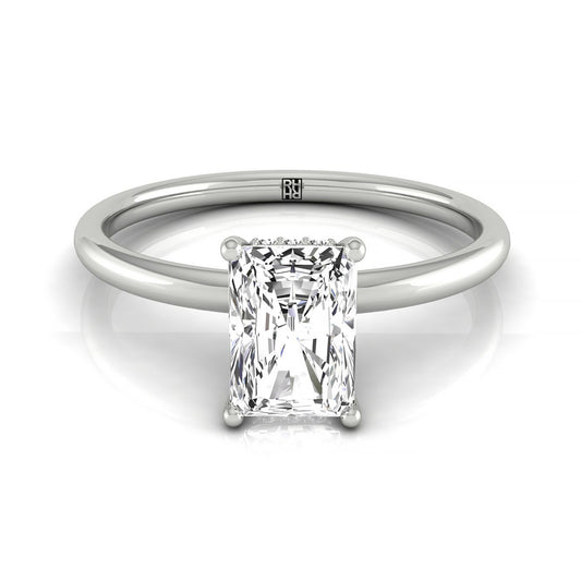 14kw Radiant Solitaire Engagement Ring With Upper Hidden Halo With 16 Prong Set Round Diamonds