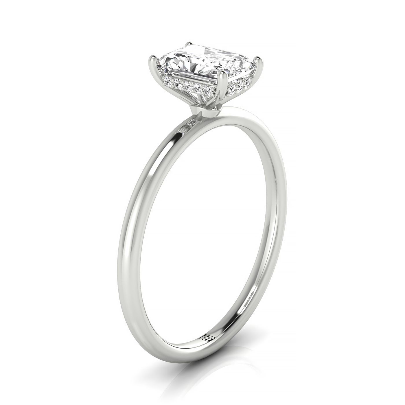 14kw Radiant Solitaire Engagement Ring With Upper Hidden Halo With 16 Prong Set Round Diamonds