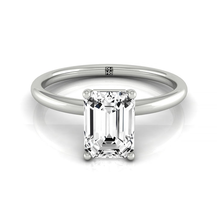 Emerald Cut, Curved Hidden Halo Solitaire Emerald, in 18K White Gold – front view | RockHer