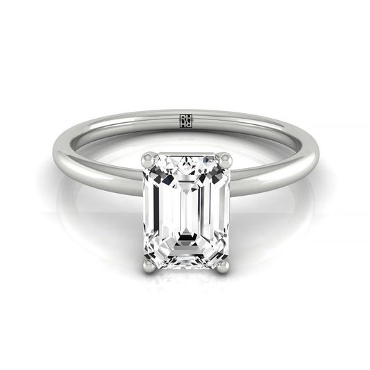 Plat Emerald Solitaire Engagement Ring With Lower Hidden Halo Curved With 8 Prong Set Round Diamonds