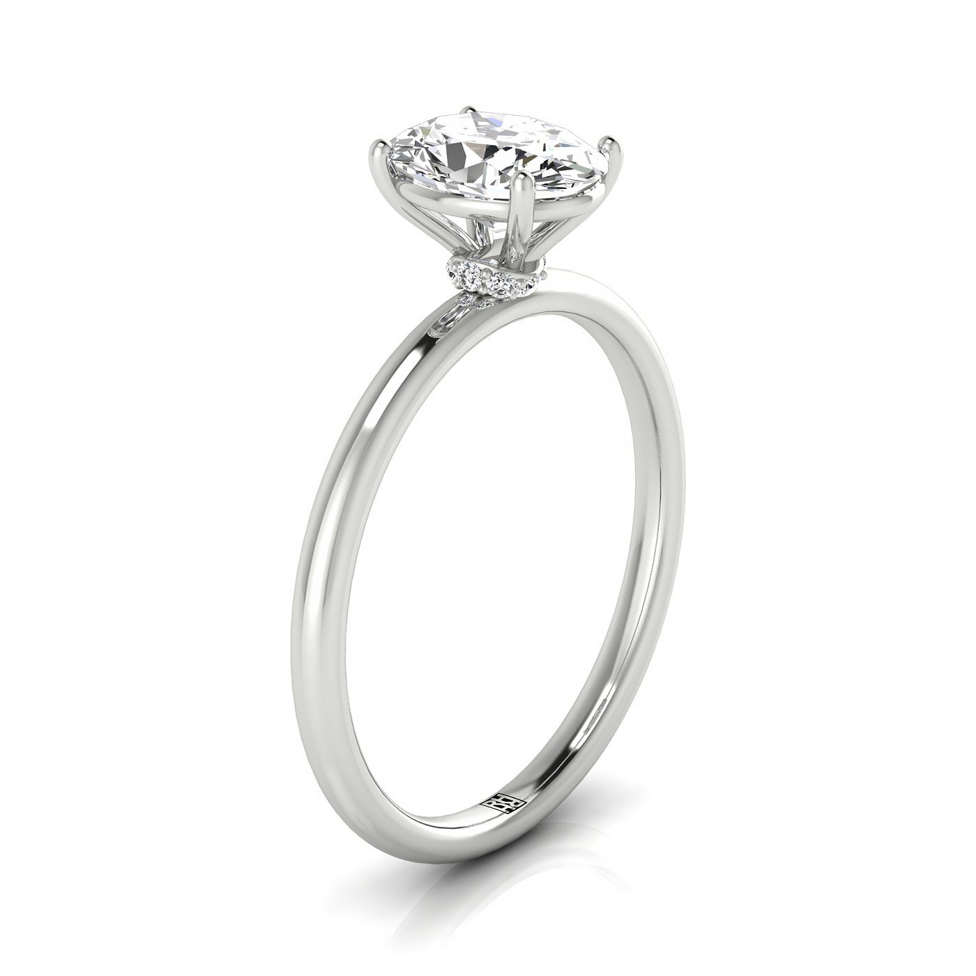 18kw Oval Solitaire Engagement Ring With Lower Hidden Halo Curved With 8 Prong Set Round Diamonds