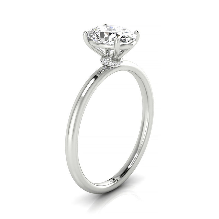 18kw Oval Solitaire Engagement Ring With Lower Hidden Halo Curved With 8 Prong Set Round Diamonds