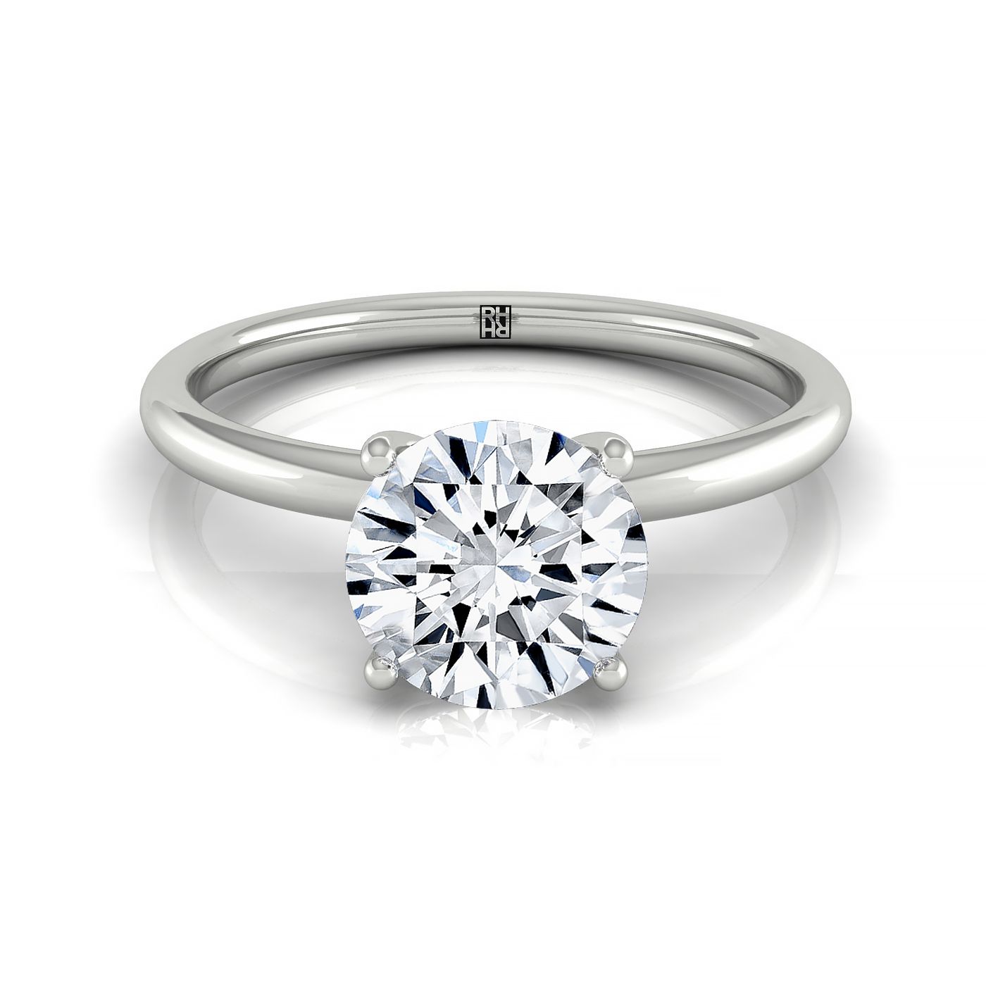 Plat Round Solitaire Engagement Ring With Lower Hidden Halo Curved With 8 Prong Set Round Diamonds
