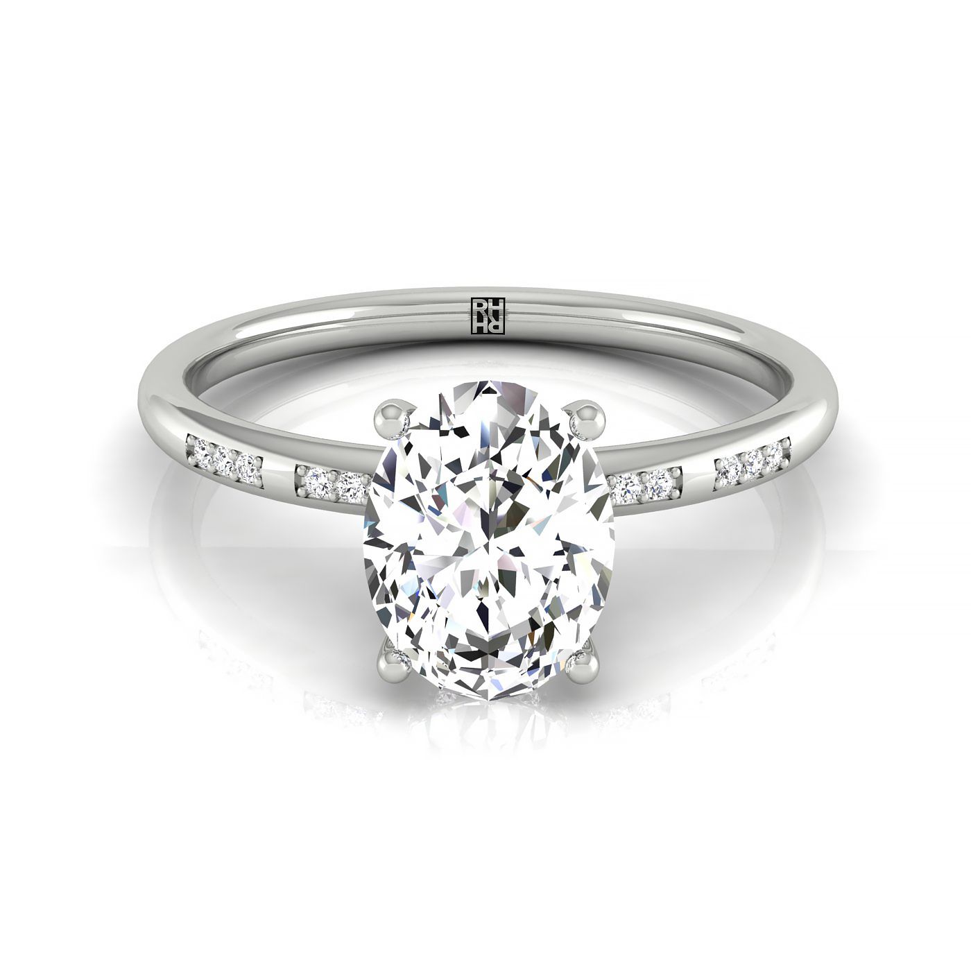 18kw Oval Engagement Ring With High Hidden Halo With 26 Prong Set Round Diamonds