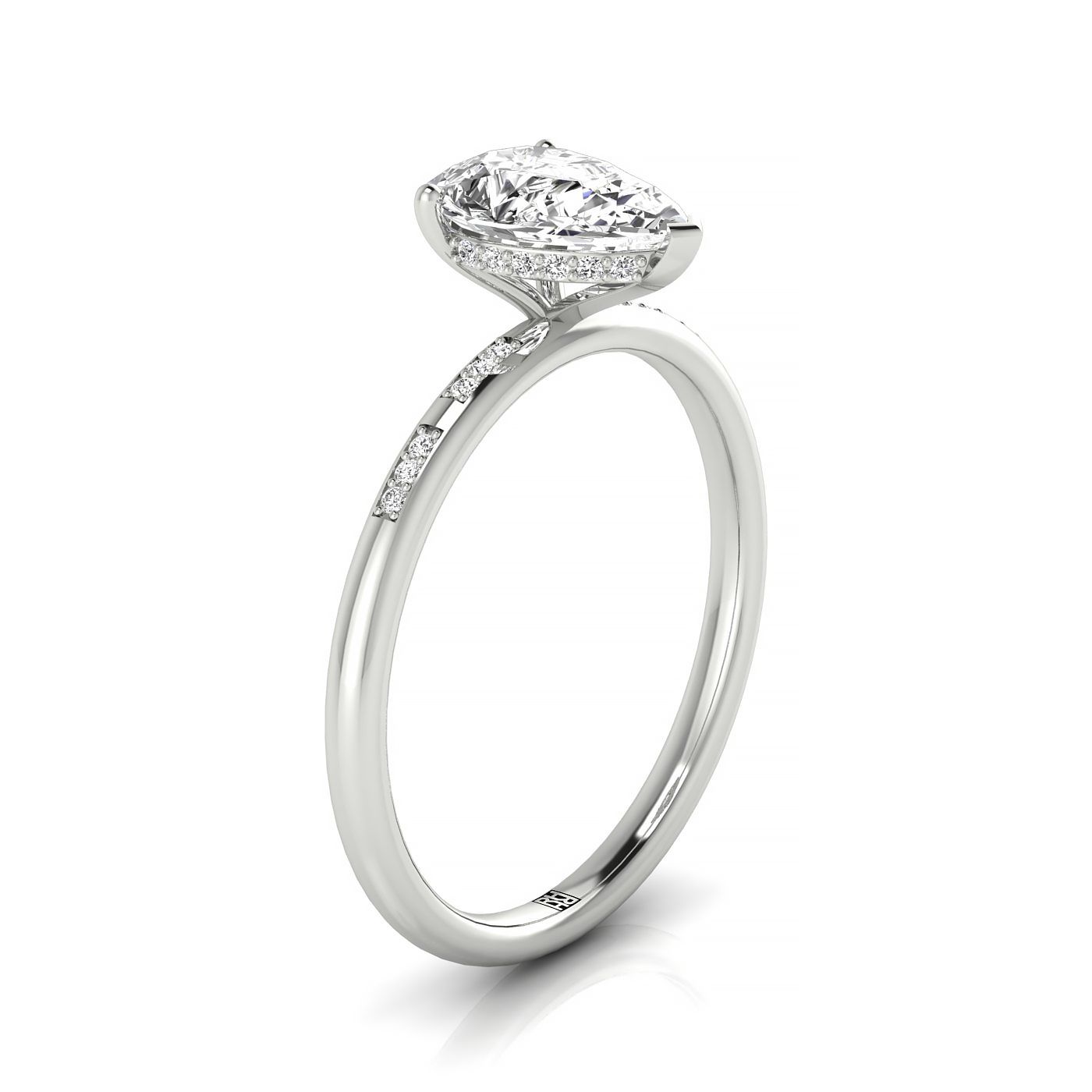 14kw Pear Engagement Ring With High Hidden Halo With 29 Prong Set Round Diamonds