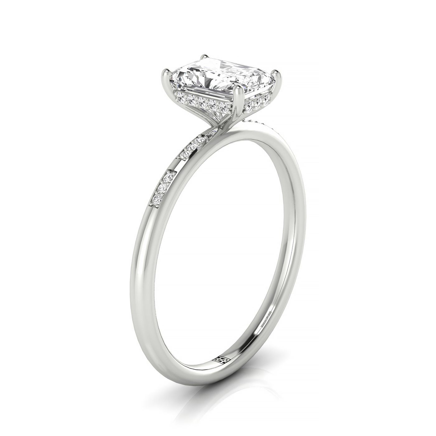 18kw Radiant Engagement Ring With High Hidden Halo With 36 Prong Set Round Diamonds