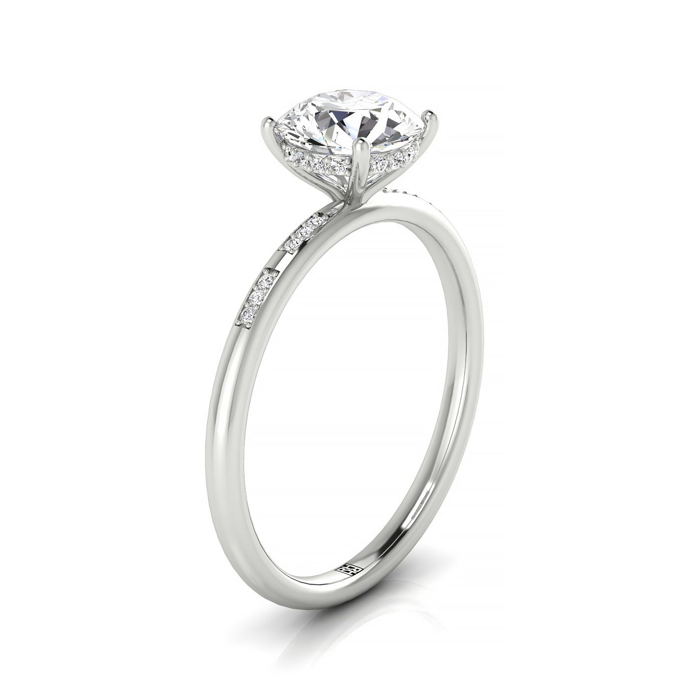 18kw Round Engagement Ring With High Hidden Halo With 26 Prong Set Round Diamonds