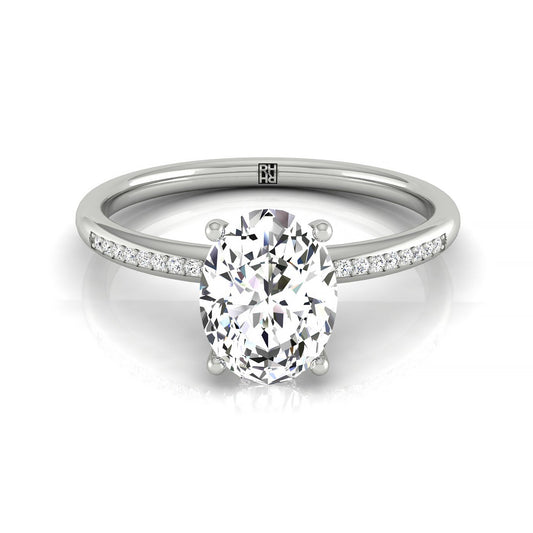 Plat Oval Engagement Ring With High Hidden Halo With 30 Prong Set Round Diamonds