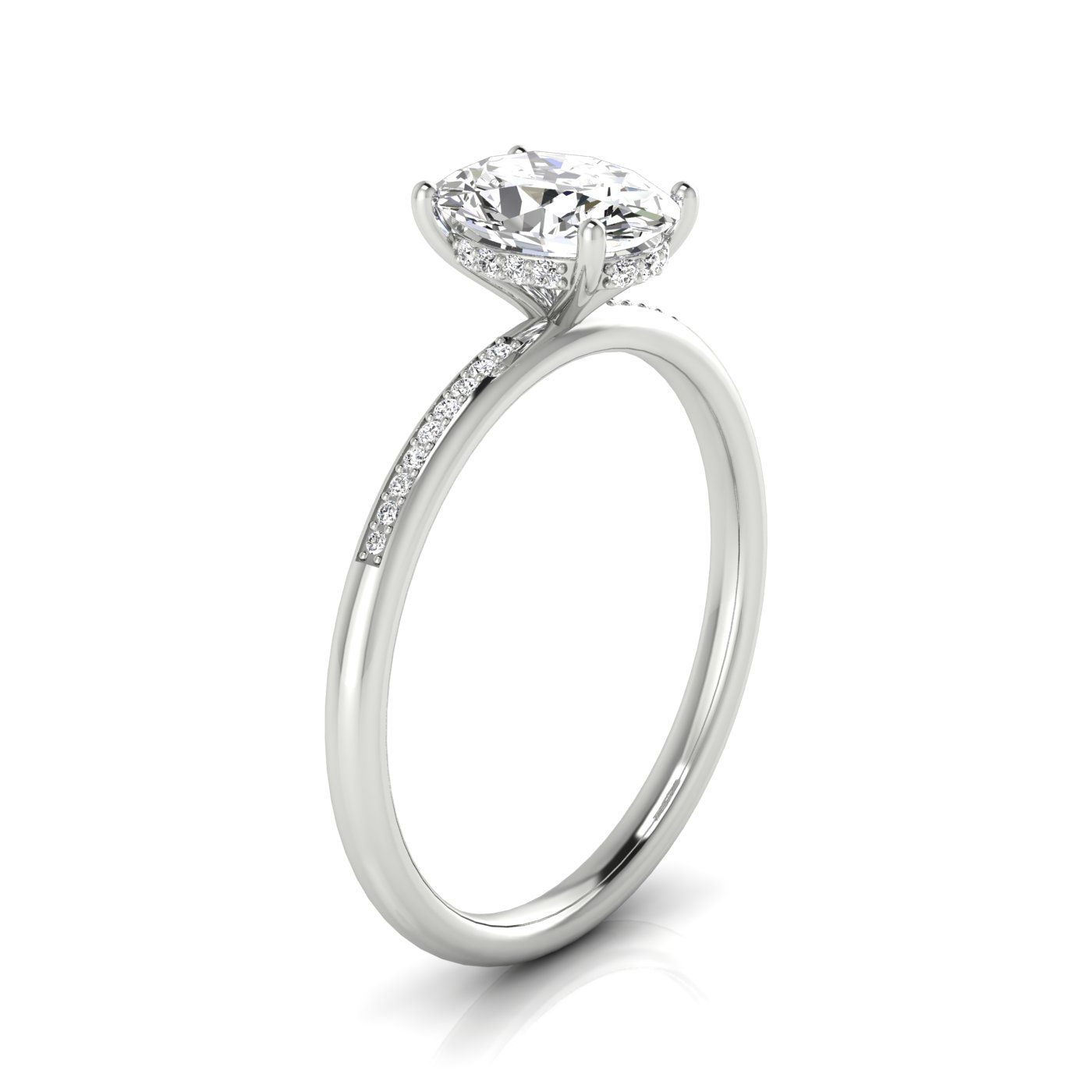 18kw Oval Engagement Ring With High Hidden Halo With 30 Prong Set Round Diamonds