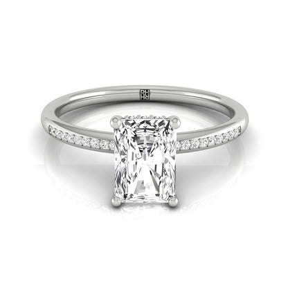 18kw Radiant Engagement Ring With High Hidden Halo With 42 Prong Set Round Diamonds