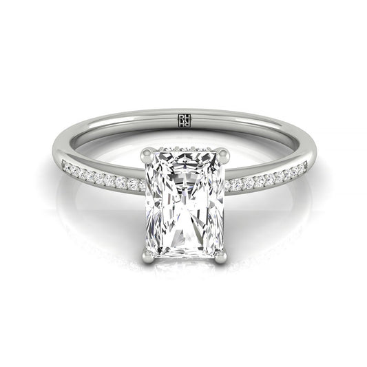18kw Radiant Engagement Ring With High Hidden Halo With 42 Prong Set Round Diamonds
