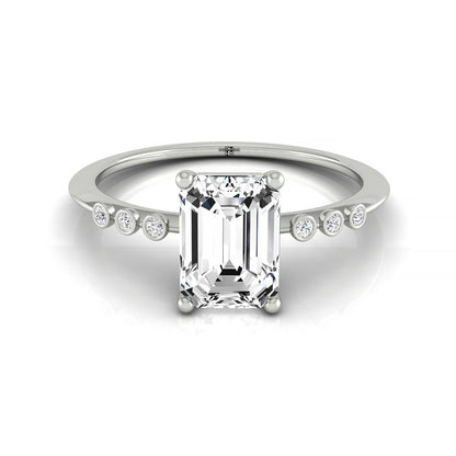 Emerald Cut, Bezel Accent Solitaire Emerald, in 18K White Gold – front view | RockHer