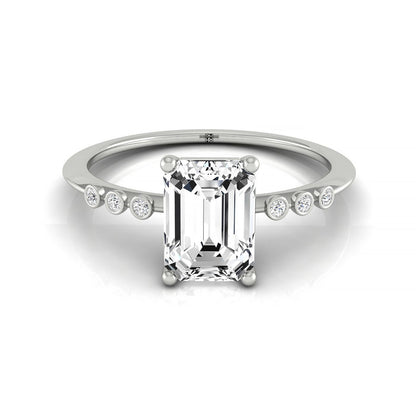 Plat Emerald Engagement Ring With 6 Bezel Set Round Diamonds On Shank