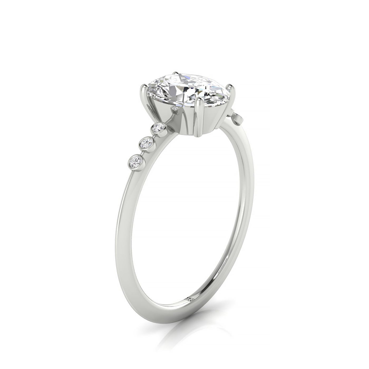 14kw Oval Engagement Ring With 6 Bezel Set Round Diamonds On Shank