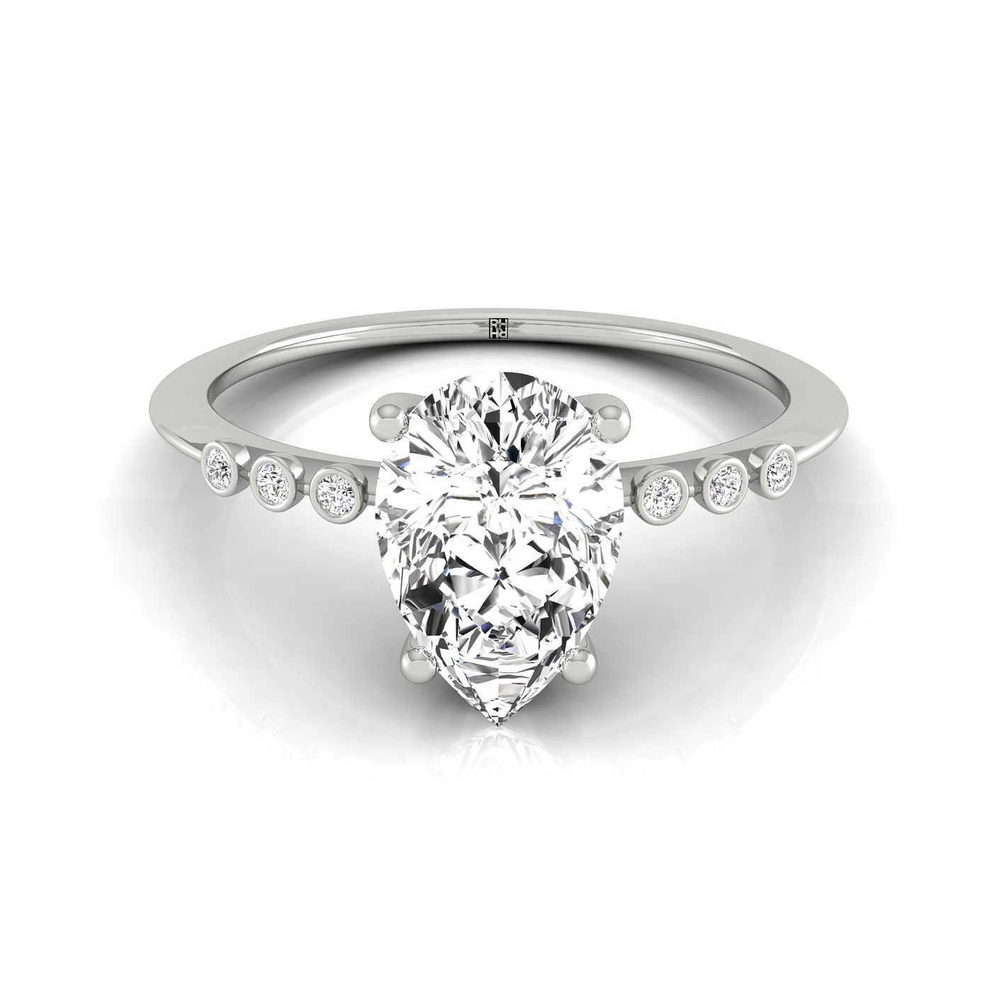 18kw Pear Engagement Ring With 6 Bezel Set Round Diamonds On Shank