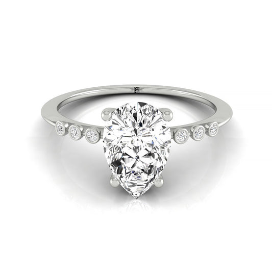 18kw Pear Engagement Ring With 6 Bezel Set Round Diamonds On Shank