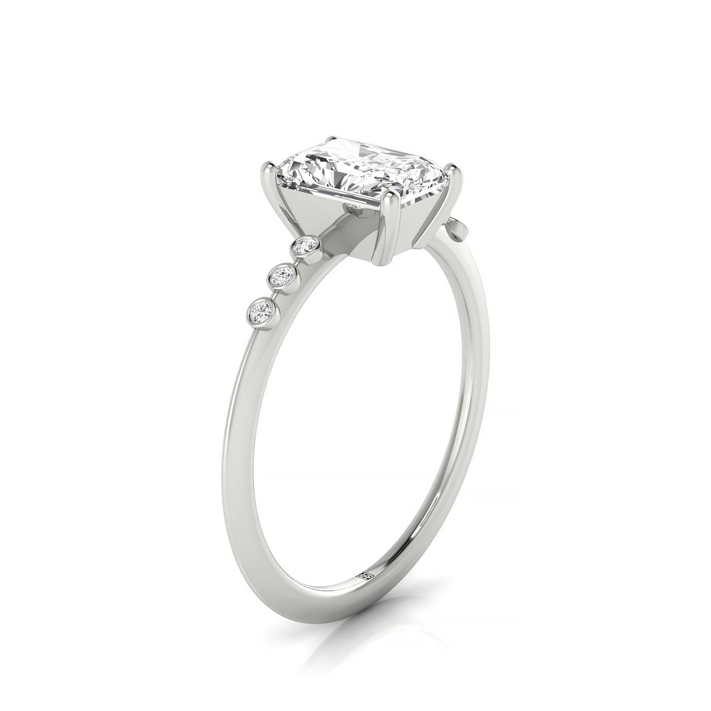 18kw Radiant Engagement Ring With 6 Bezel Set Round Diamonds On Shank