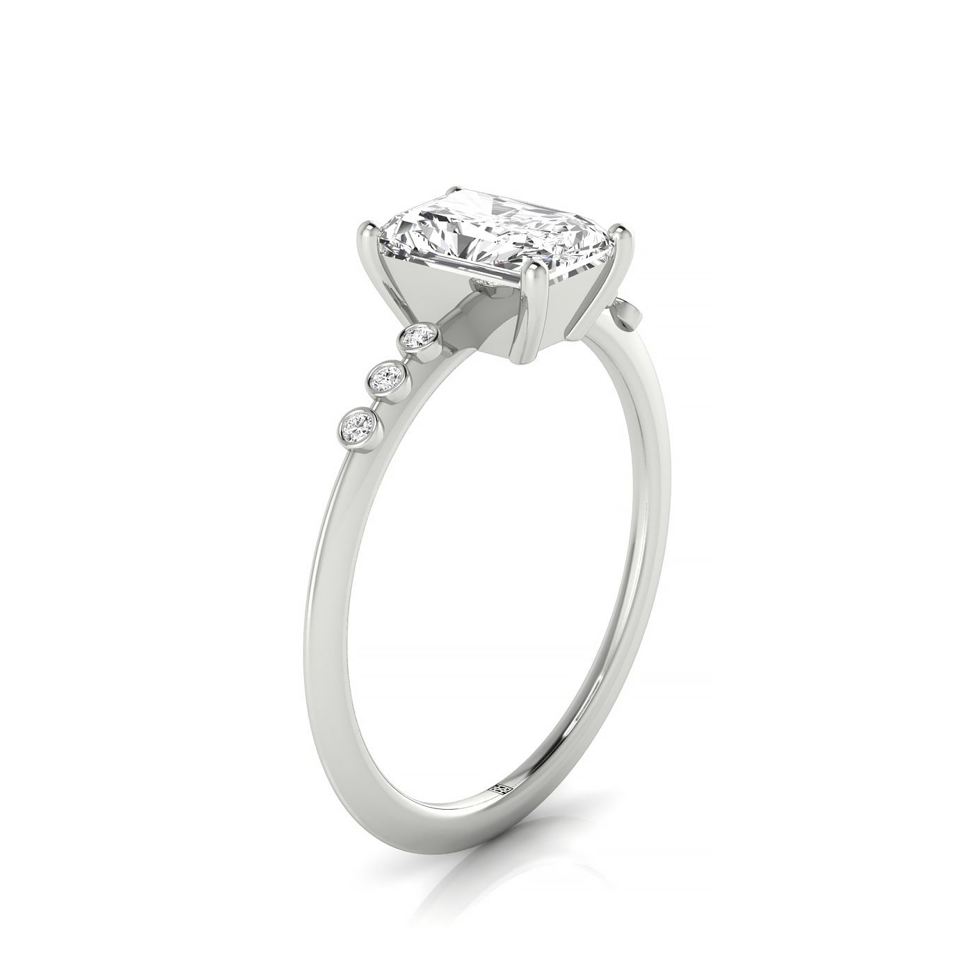 14kw Radiant Engagement Ring With 6 Bezel Set Round Diamonds On Shank