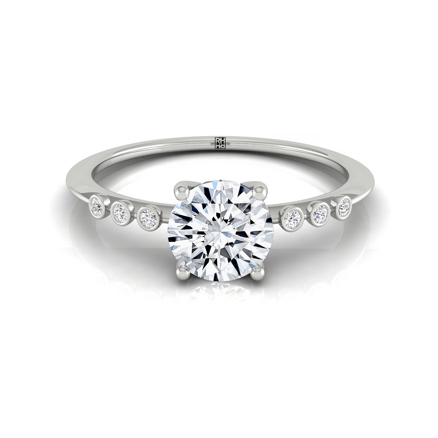 The Peggy round setting in 18K White Gold, a bezel accent solitaire design from RockHer