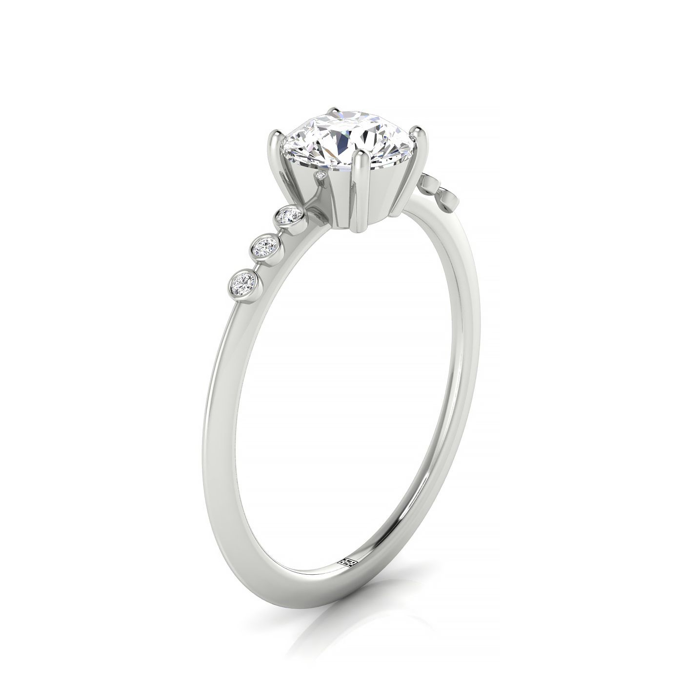 18kw Round Engagement Ring With 6 Bezel Set Round Diamonds On Shank