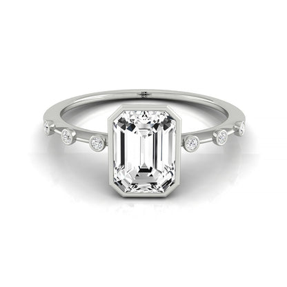 Emerald Cut, Bezel Accent Solitaire Emerald, in 18K White Gold – front view | RockHer