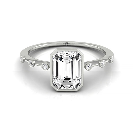 18kw Bezel Set Emerald Engagement Ring With 6 Bezel Set Round Diamonds On Shank