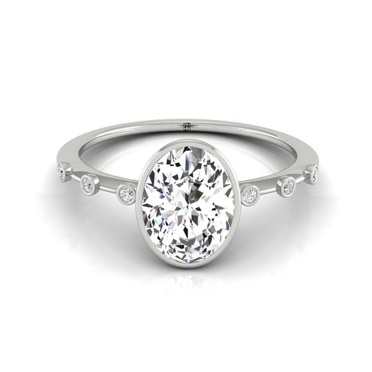 18kw Bezel Set Oval Engagement Ring With 6 Bezel Set Round Diamonds On Shank