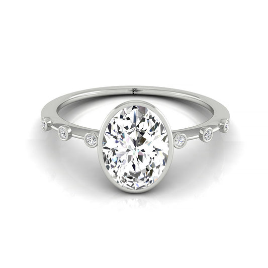 Plat Bezel Set Oval Engagement Ring With 6 Bezel Set Round Diamonds On Shank