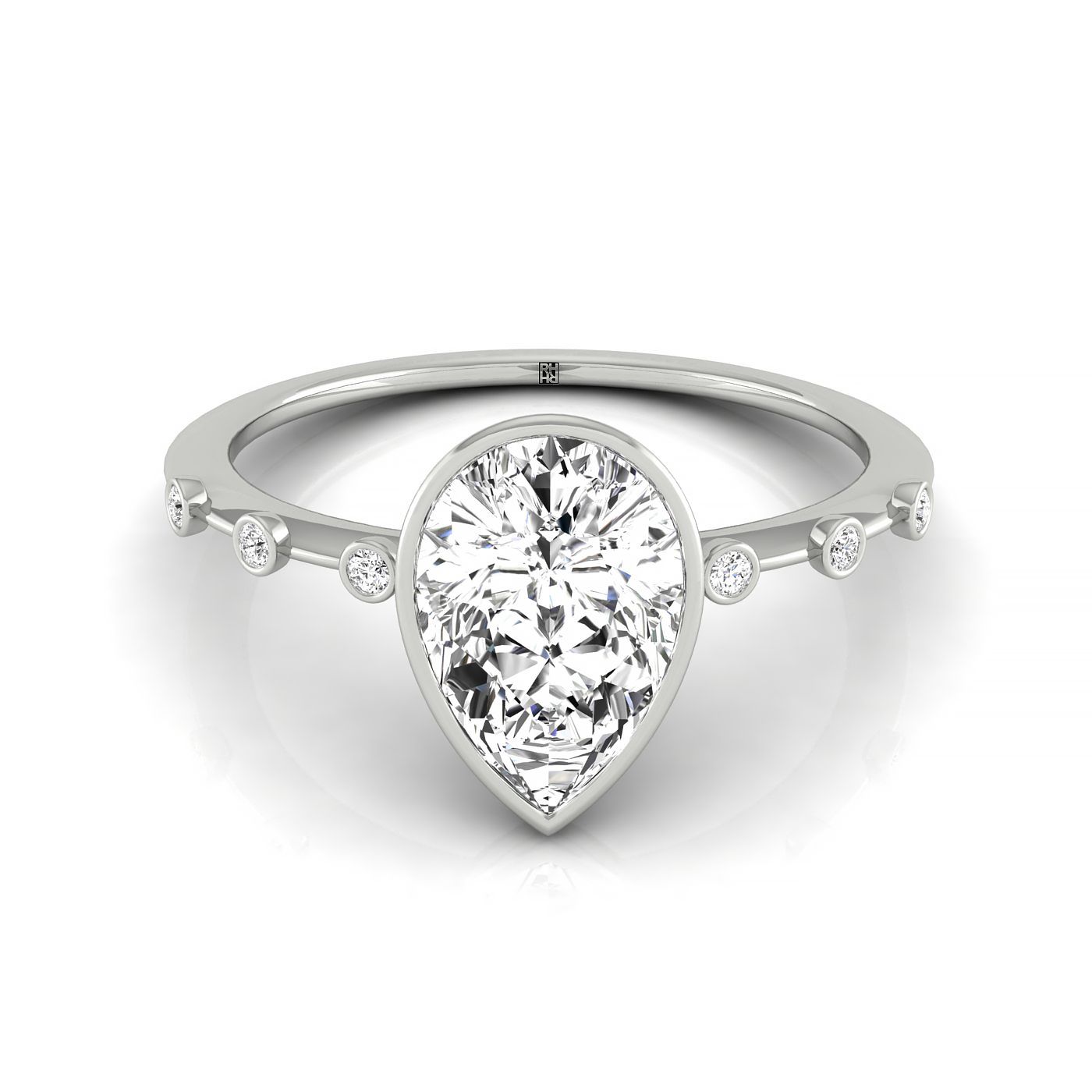 18kw Bezel Set Pear Engagement Ring With 6 Bezel Set Round Diamonds On Shank