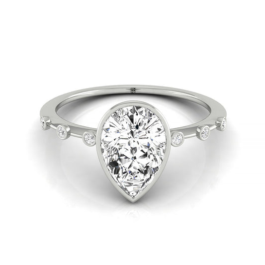 18kw Bezel Set Pear Engagement Ring With 6 Bezel Set Round Diamonds On Shank