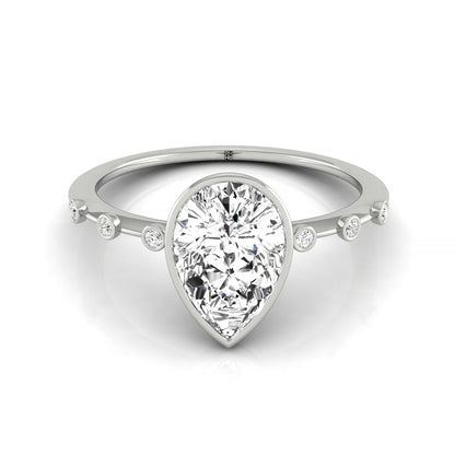 14kw Bezel Set Pear Engagement Ring With 6 Bezel Set Round Diamonds On Shank