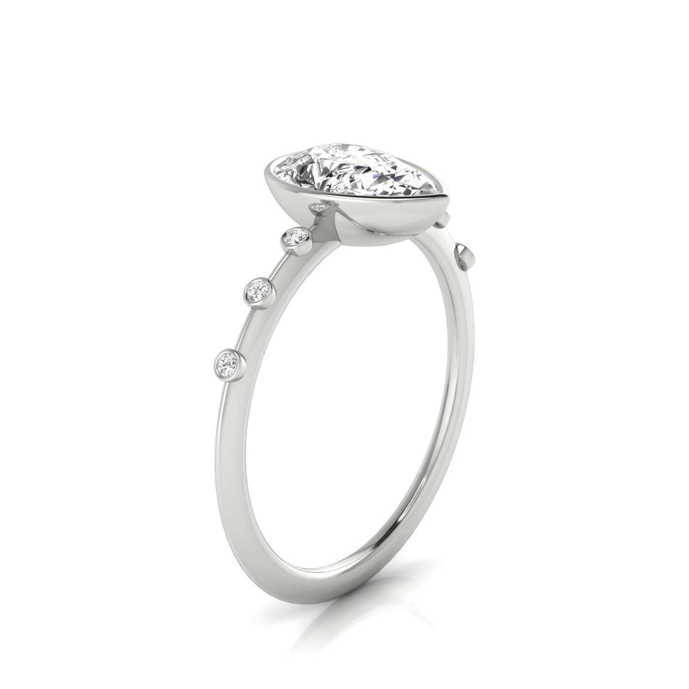 Plat Bezel Set Pear Engagement Ring With 6 Bezel Set Round Diamonds On Shank