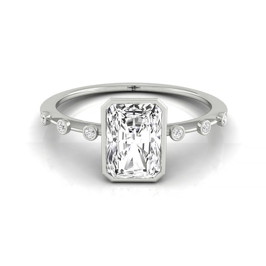 14kw Bezel Set Radiant Engagement Ring With 6 Bezel Set Round Diamonds On Shank