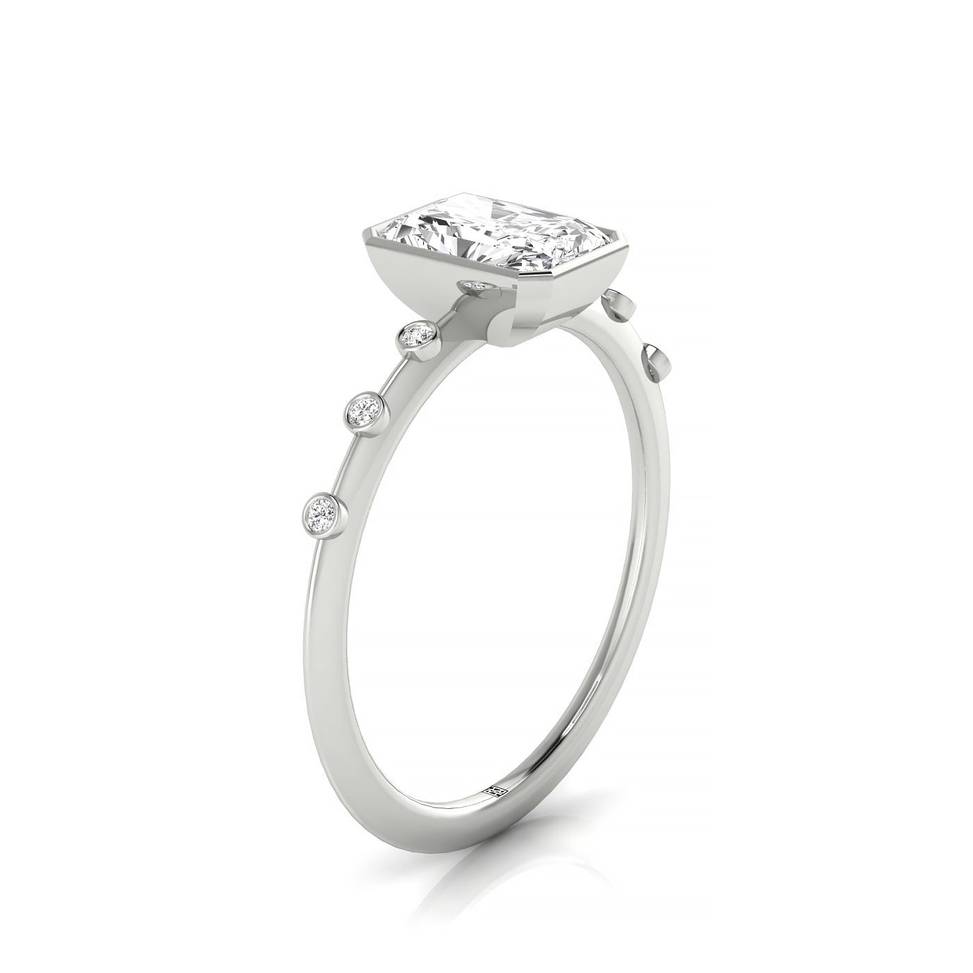 14kw Bezel Set Radiant Engagement Ring With 6 Bezel Set Round Diamonds On Shank