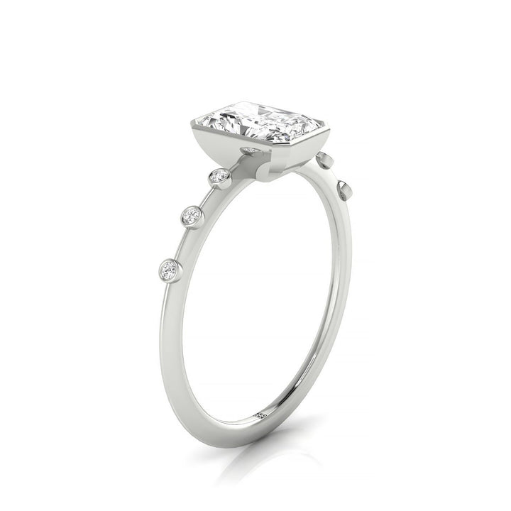 14kw Bezel Set Radiant Engagement Ring With 6 Bezel Set Round Diamonds On Shank